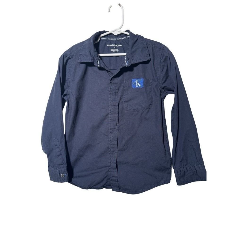 Calvin Klein Jeans Size 6 Navy Button Front Logo Shirt Long Sleeve Boys